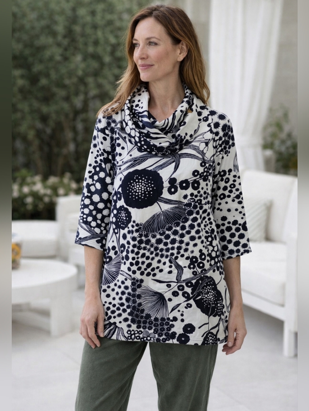 Bryn Walker Blue White Floral Cowl Neck Top